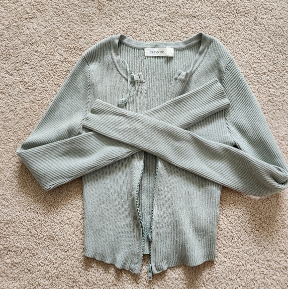 free for any purchase 💗 Glasson soft teal ribbed knit zip crop cardigan size XS - Picture 5 of 8